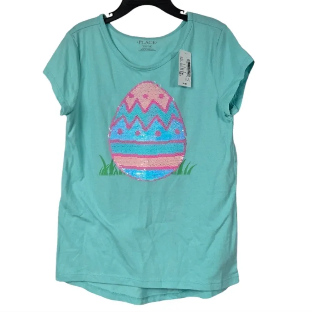 NWT Girls Flip Sequin Easter Bunny Egg Tee Aqua Knit Top The Children’s Place